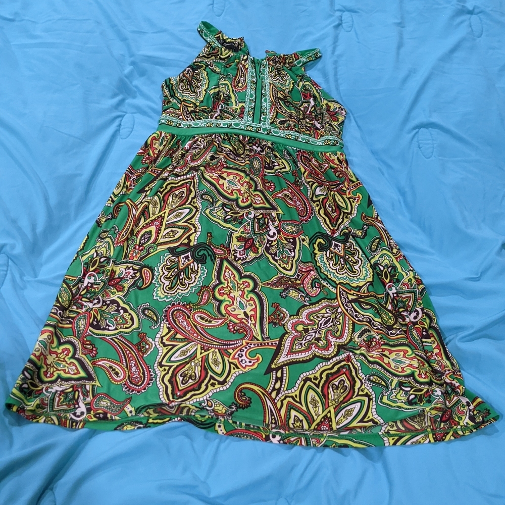 INC International Concepts Size P/P A-Line Dress Green Orange Paisley Sparkles
